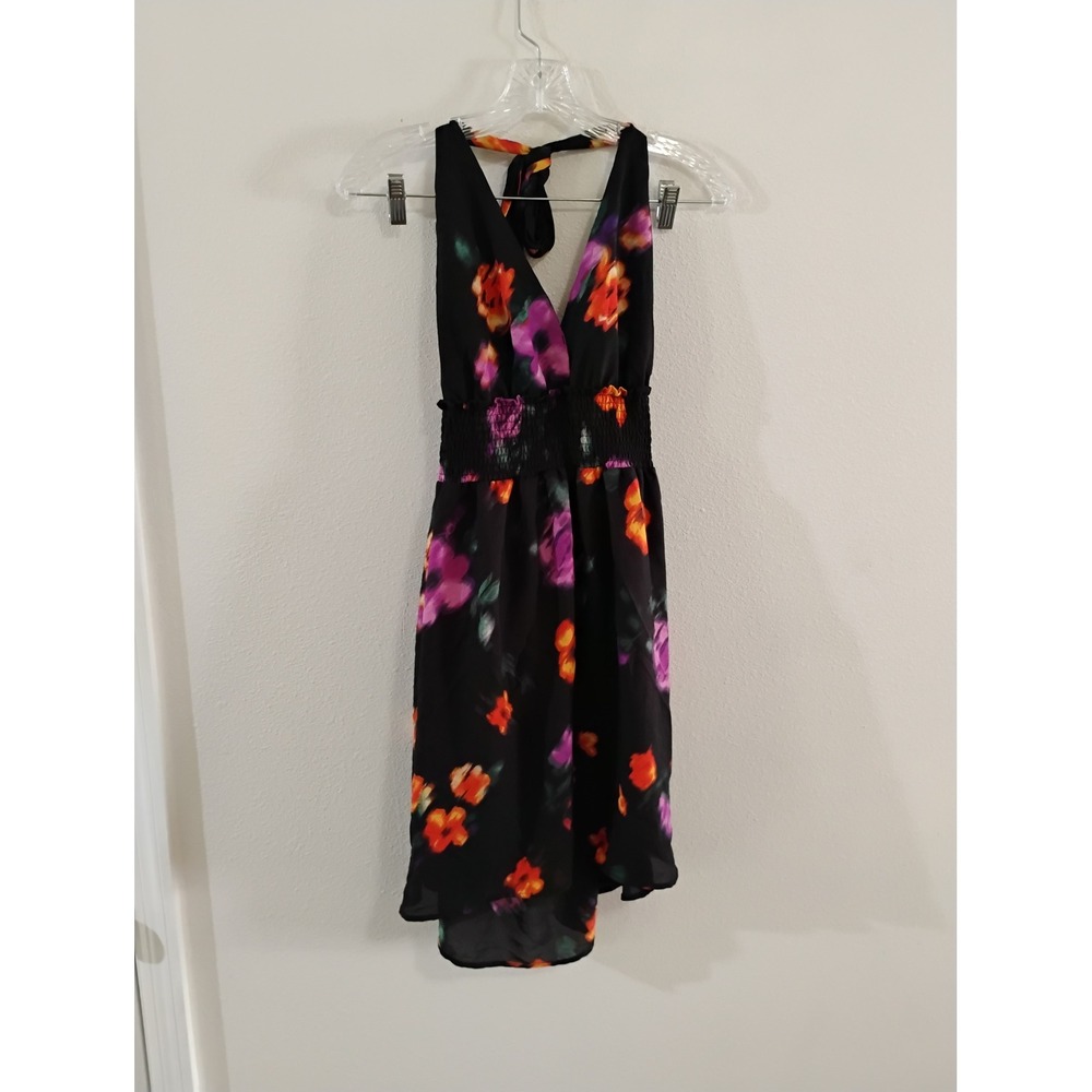 Madden NYC Womens Floral Halter Dress Black Purple Orange Smocked Waist XL